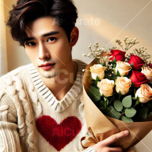 0477 Man Holding Bouquet of Roses