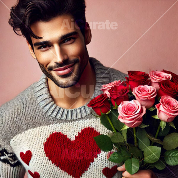 0677 Man Holding Bouquet of Roses