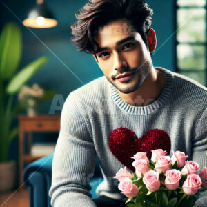 0777 Man Holding Bouquet of Roses