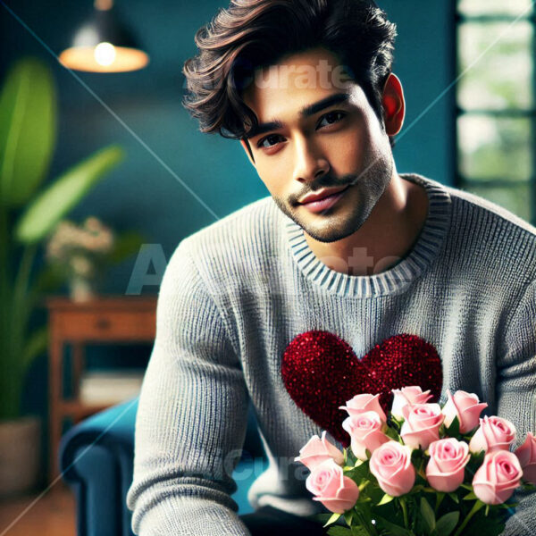 0777 Man Holding Bouquet of Roses