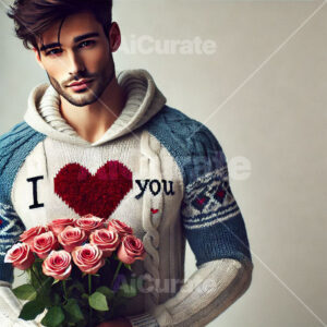 0877 Man Holding Bouquet of Roses