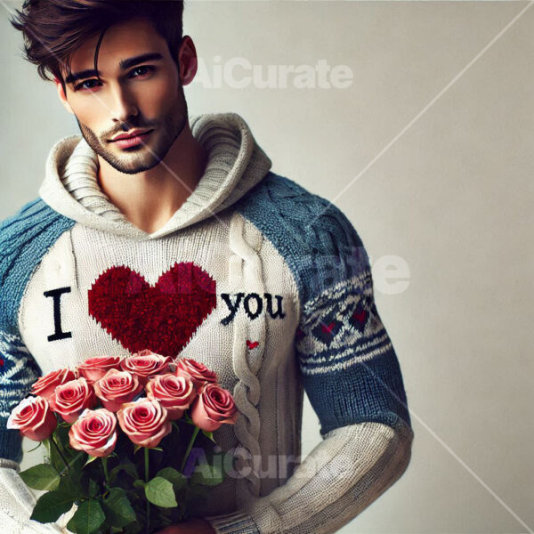 0877 Man Holding Bouquet of Roses