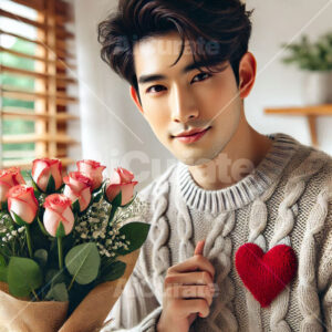 1077 Man Holding Bouquet of Roses
