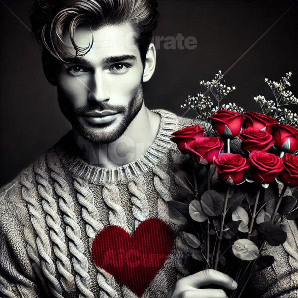 1477 Man Holding Bouquet of Roses
