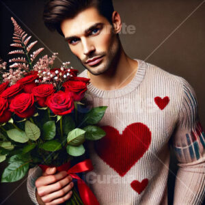 1577 Man Holding Bouquet of Roses