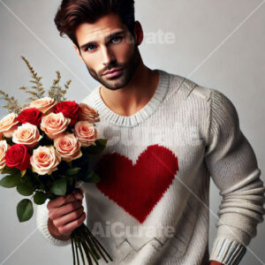 1677 Man Holding Bouquet of Roses