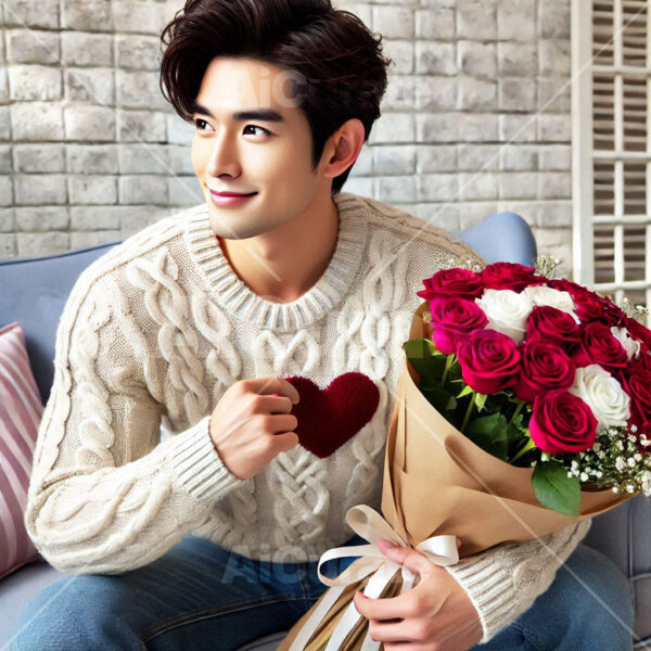 2077 Man Holding Bouquet of Roses