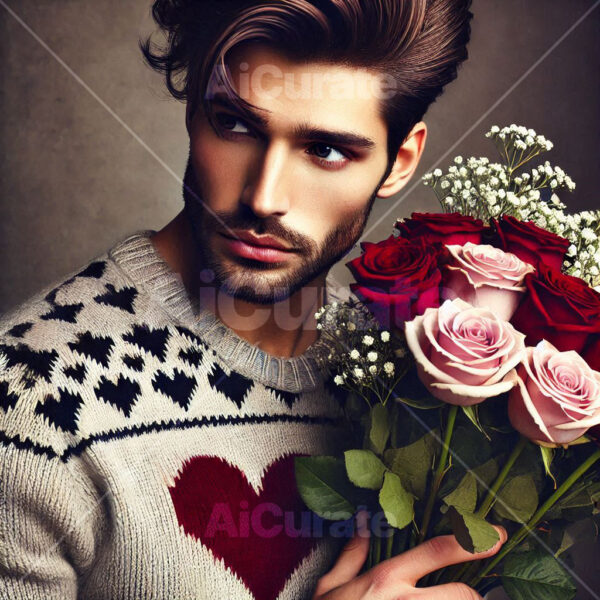 2177 Man Holding Bouquet of Roses