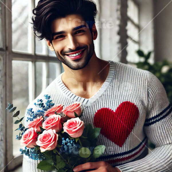 2277 Man Holding Bouquet of Roses
