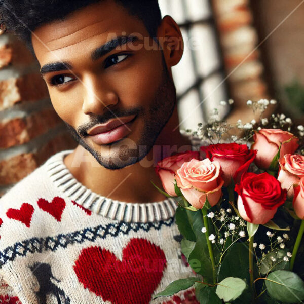 2477 Man Holding Bouquet of Roses
