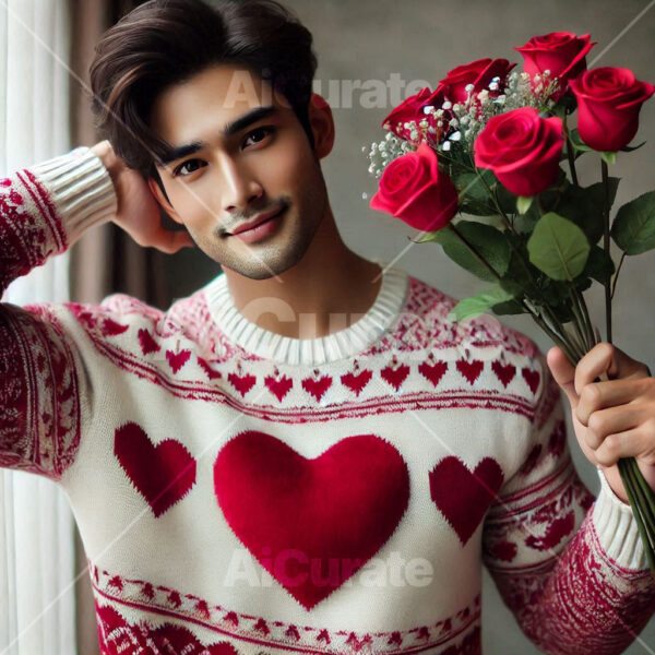 2577 Man Holding Bouquet of Roses